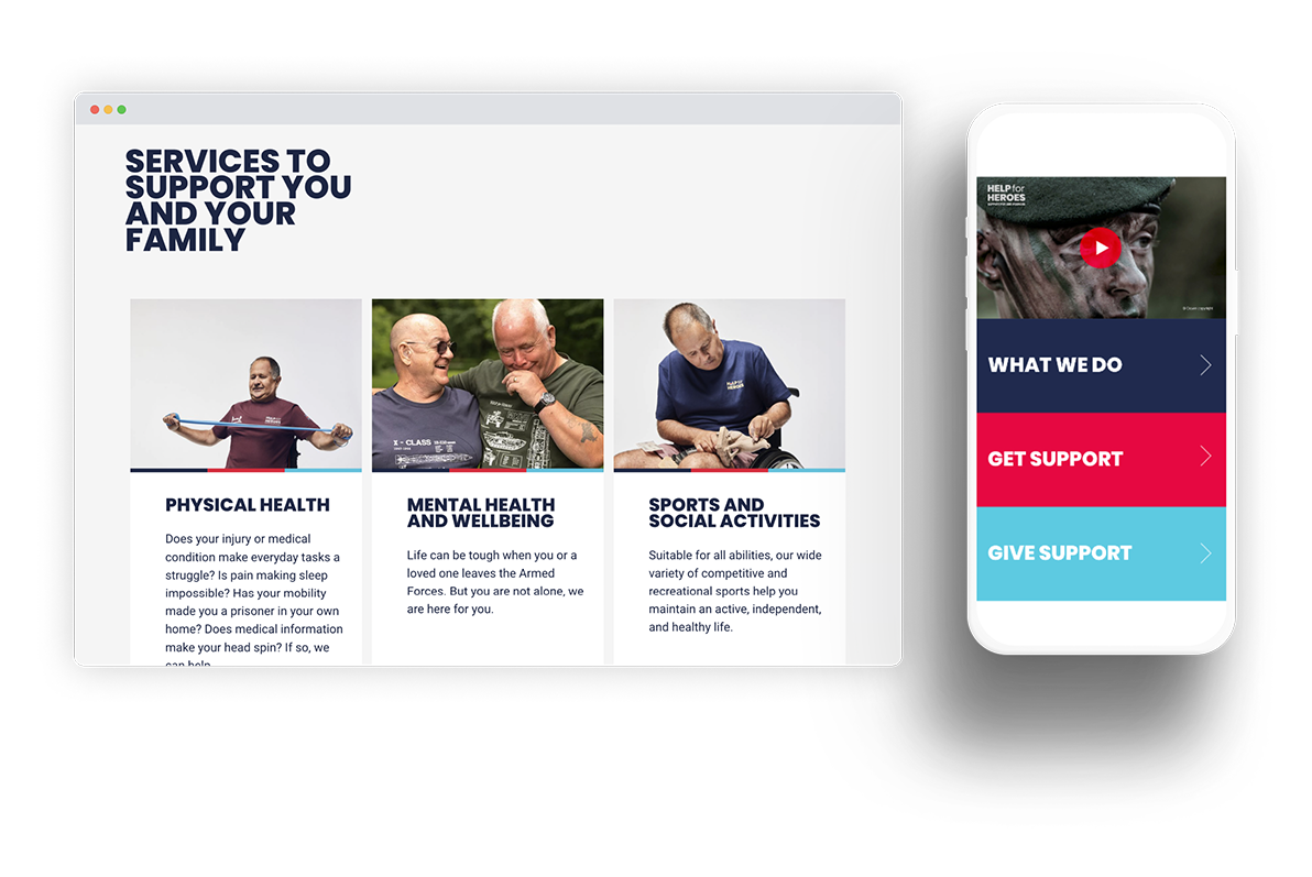 The Help for Heroes site shown on both desktop and mobile